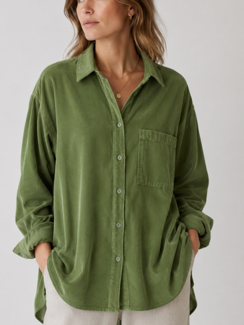 Gudrun Sjoden Oversized Corduroy Button-Down Shirt Organic Cotton in Green